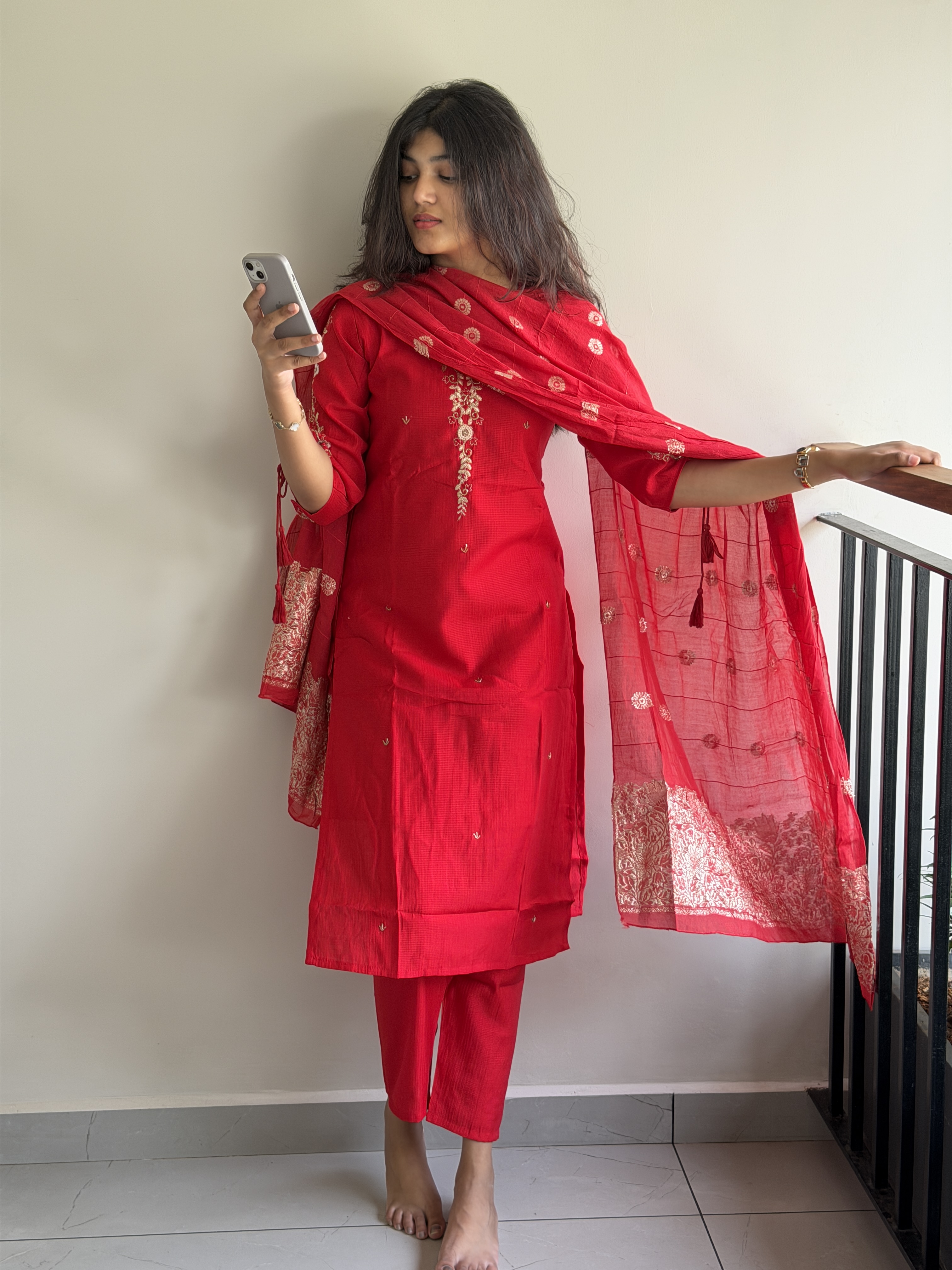 Red work kurti set