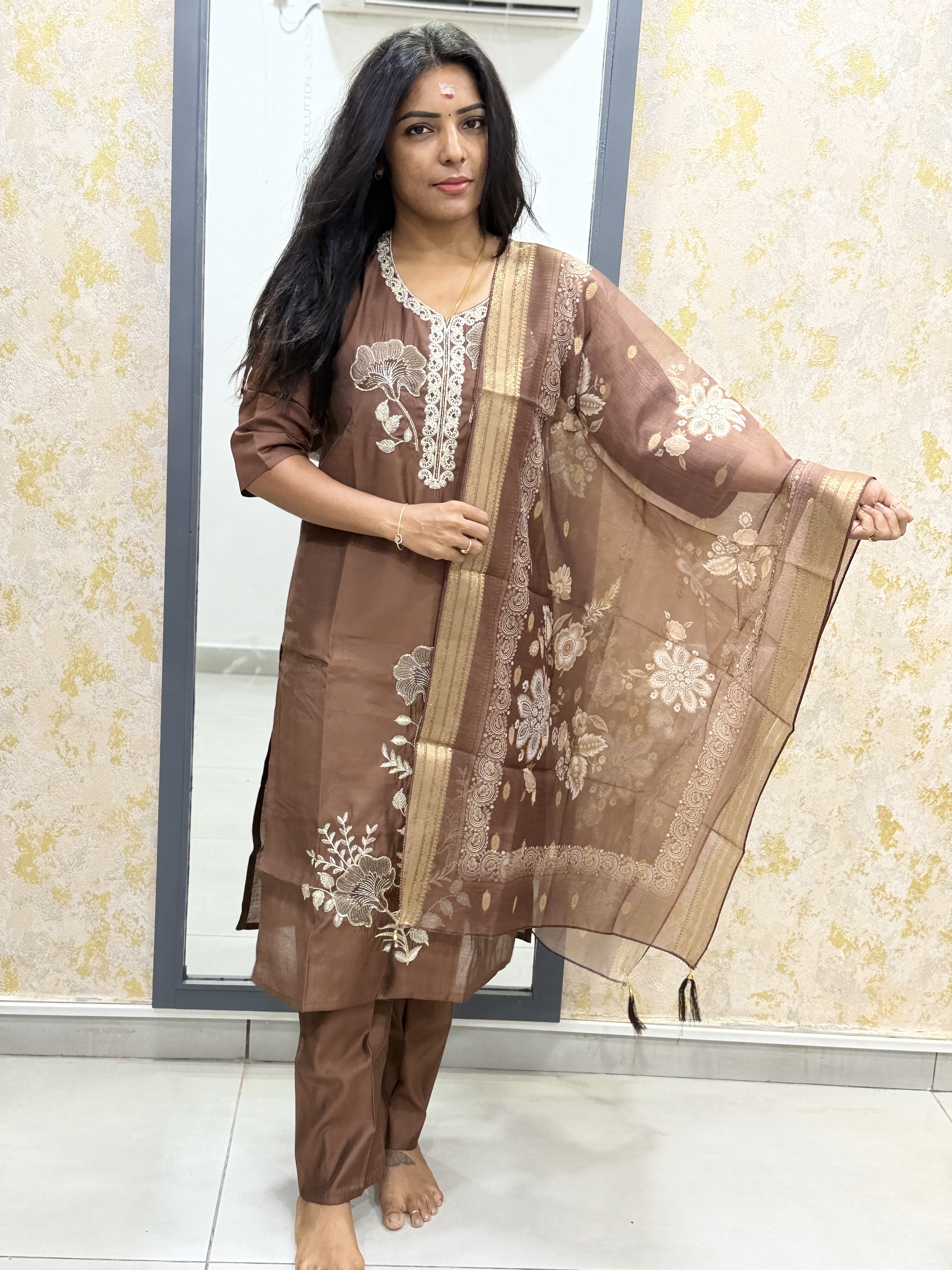 Brown work kurti set