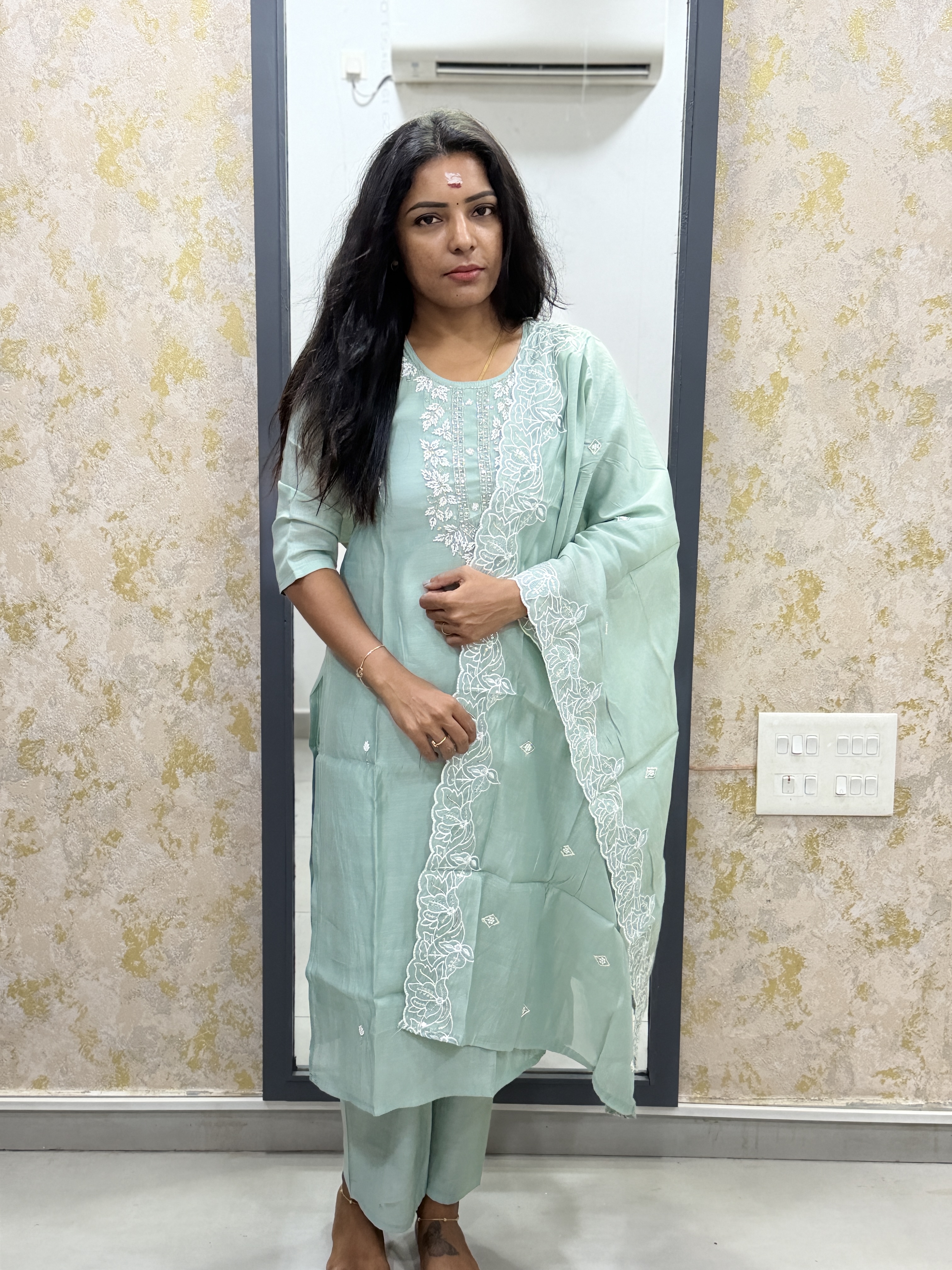 Green work kurti set