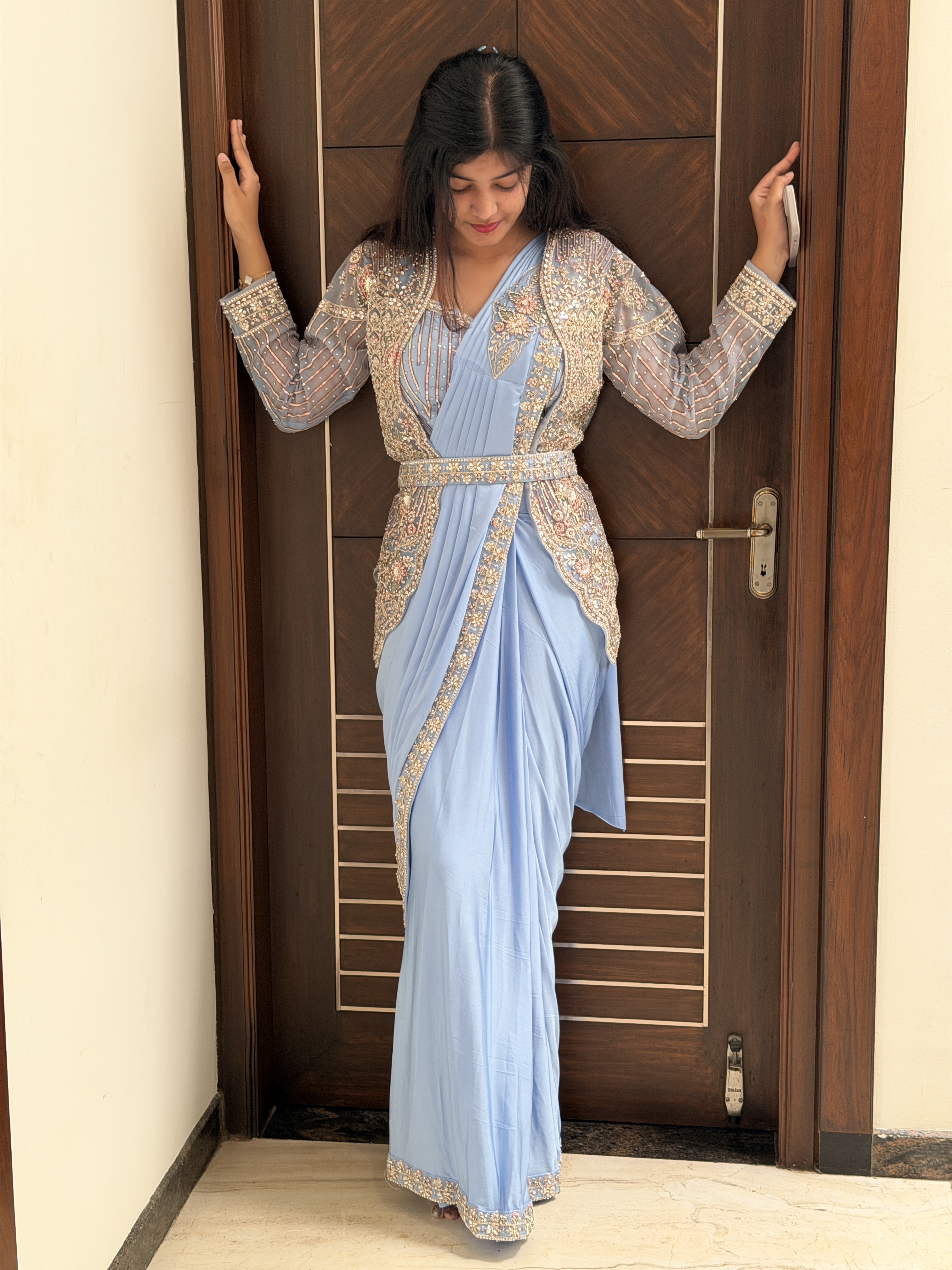 Readymade saree with coat